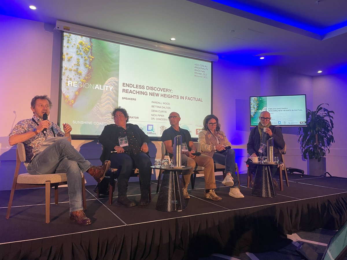 AIDCmelb's tweet photo. Time for #regionalitysunshinecoast session 2 Endless Discovery - Reaching New Heights in Factual with Dena Curtis #inkeymedia, Nick Piper #oniontv, @dalton_bettina @wildbeartv &amp; Randall Wood #storylandproductions https://t.co/e2aCneun4u