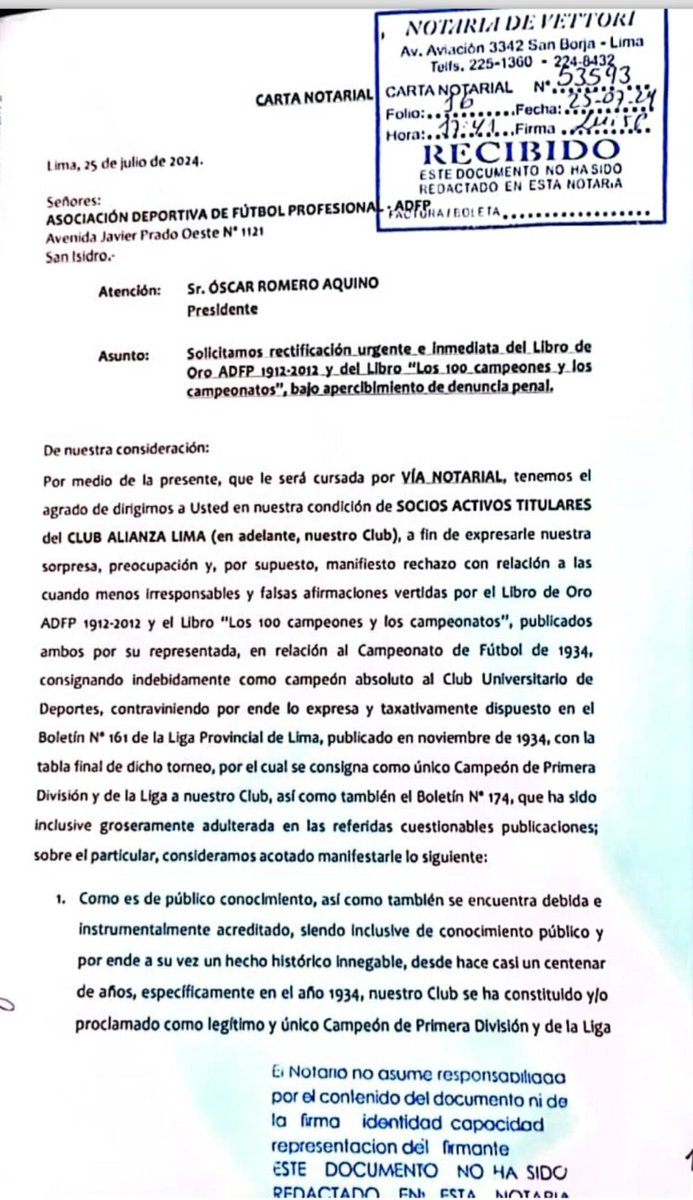 SociosAL1901's tweet photo. #CartaNotarial
El título de 1934 es de @ClubALoficial y la #ADFP se tendrá que retractar o asumir las consecuencias legales correspondientes.
Hoy nuestro colectivo los emplaza a ello a través de documento firmado por nuestro representante común @JulioALonso1901
#AlianzaSeRespeta
#AlianzaSeDefiende
#ArribaAlianza
#ÚnicoTetracampeón
Hilo de imágenes 🧵