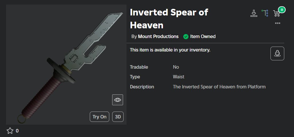 Dragon Slayer and the Inverted Spear of Heaven are now available as UGC, go get em here
roblox.com/catalog/186573… (130 Robux)
roblox.com/catalog/186573… (70 Robux)

#Roblox #RobloxUGC #RobloxDevs