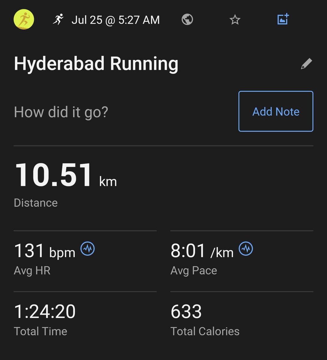 databaaj's tweet photo. Late post: yesterday (25-07-2024) #ThursdayEasyRun a slow and easy 10K with pace target of 8:00 and AHR < 132.
Achieved: 8:01; AHR 131
Completely HR controlled run.
#Pledge24 #ARStats2024 #RunningTwitter https://t.co/K2AbVI2RLy