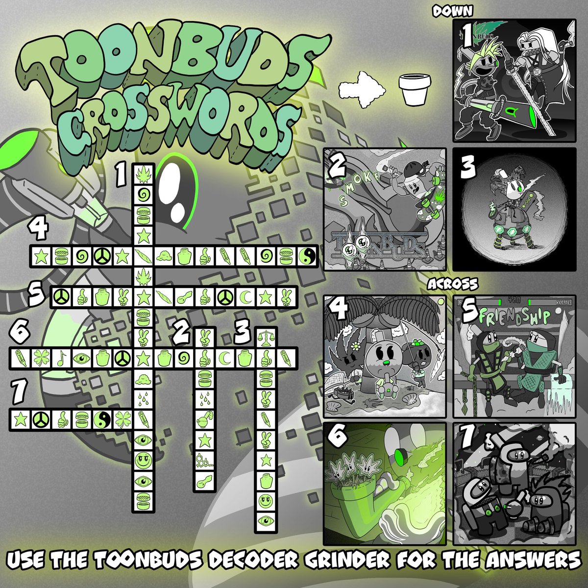 Toonbuds1's tweet image. Can you name all the video game parodies? Join in on the fun with a Toonbuds Crossword, Grab your Toonbuds Decoder Grinders for the answers 🙌 #crossword #decoder #secretcode #puzzle