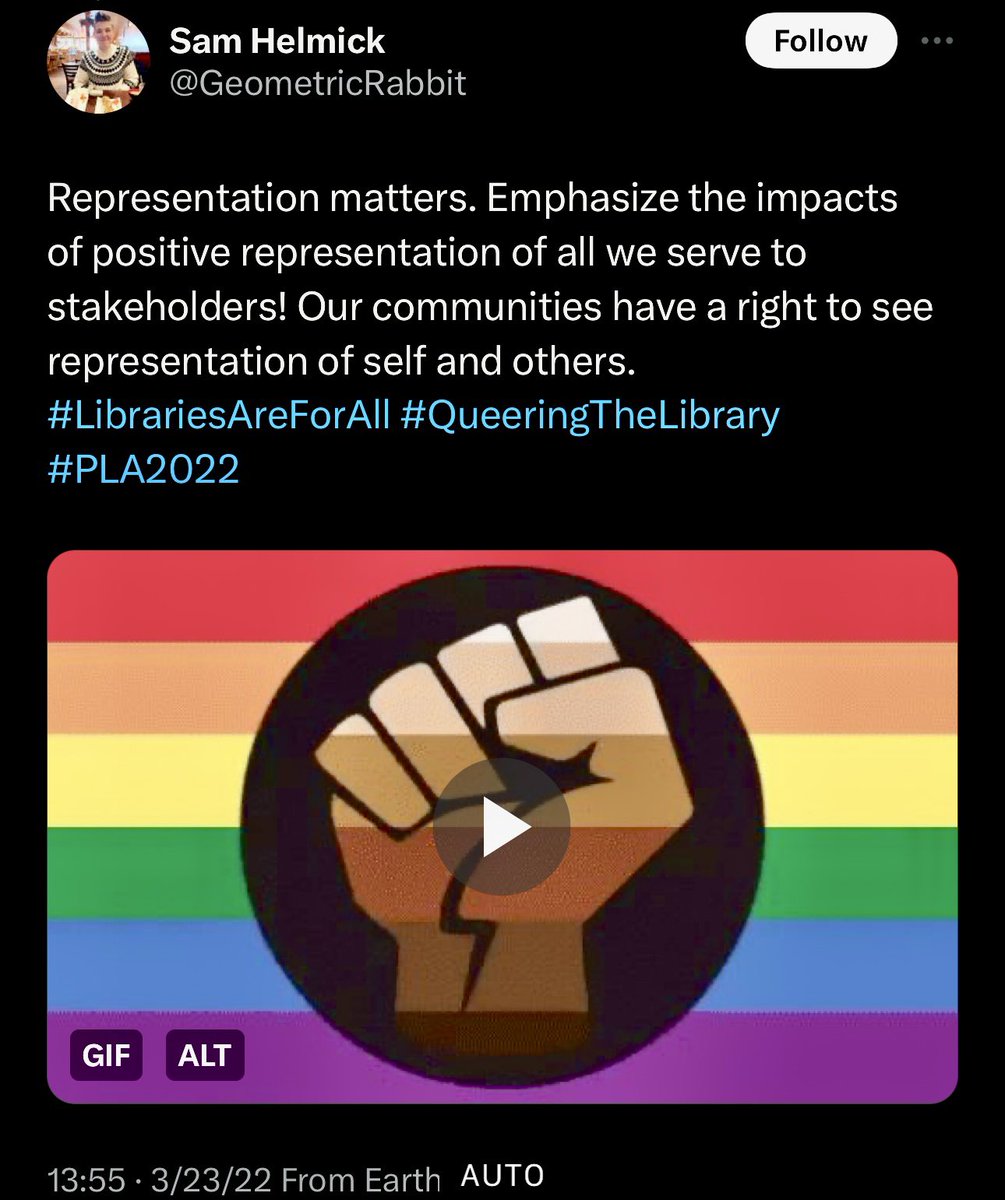 OccupyLibraries's tweet photo. @01_IDK_01 @ALALibrary @GeometricRabbit Here’s a clue. Here’s the new ALA President-Elect
#LibrariesAreForAll #QueeringTheLibrary #PLA2022 https://t.co/sVst2dA9w2