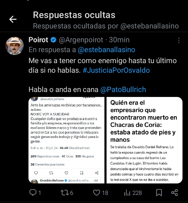 Argenpoirot's tweet photo. El intendente mencionado por Osvaldo oculto mi tweet y me bloqueó. 

Pido que hagan lo que yo intenté, no podrán silenciarnos a todos. 

Y hagamos TT #JusticiaPorOsvaldo https://t.co/ukl38WlPDJ