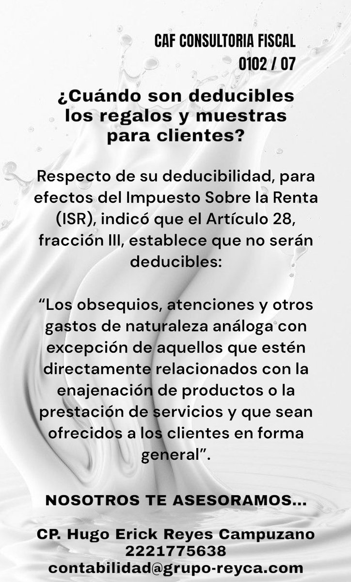CAF_Consultoria's tweet photo. NOSOTROS TE ASESORAMOS
CP. Hugo Erick Reyes Campuzano
2221775638
contabilidad@grupo-reyca.com https://t.co/3k5rXqd9Uh