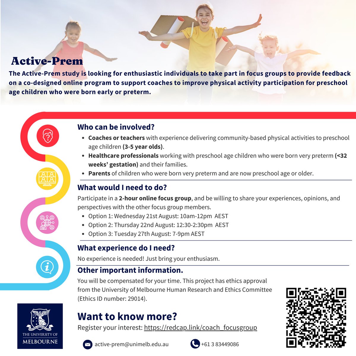 We are looking for coaches, health professionals and parents of children born preterm to participate in focus groups on a new intervention we are developing to improve physical activity participation. Please let us know if you’re keen to be involved  👇🏼