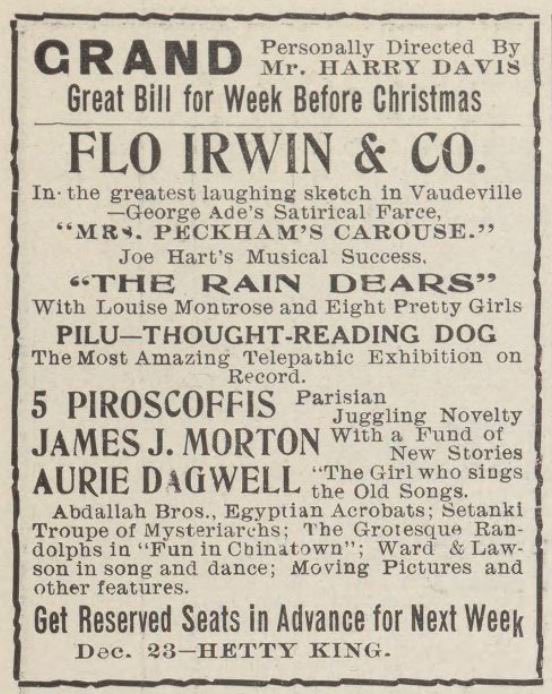 PghHistoryPie's tweet image. "Pilu - Thought-Reading Dog" among attractions in Pittsburgh the week before Christmas, 1907. 

Also, "Setanki Troupe of Mysteriarchs," "Way of the Transgressor" at Blaney's Empire Theatre and Old Time League hockey at Duquesne Garden