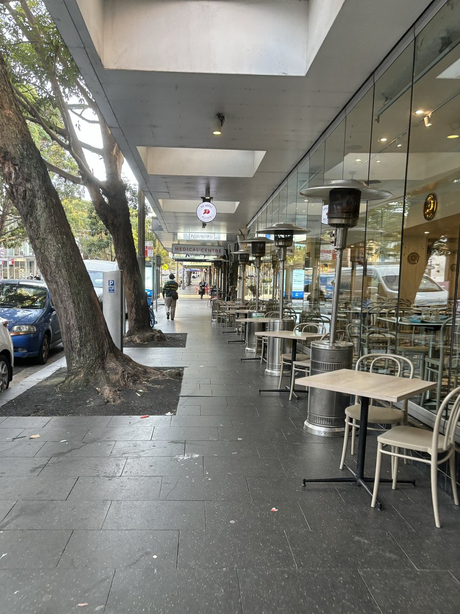 SydPedestrian's tweet photo. Hi @cityofsydney could you please remind Via Napoli (628 Crown St Surry Hills) to comply with their Footway Approval? 

They are only leaving 0.8m clearance for pedestrians (at least is 2m required), forcing people into the uneven tree root area and pavers, which is a trip hazard https://t.co/jnFLaZFr6Q