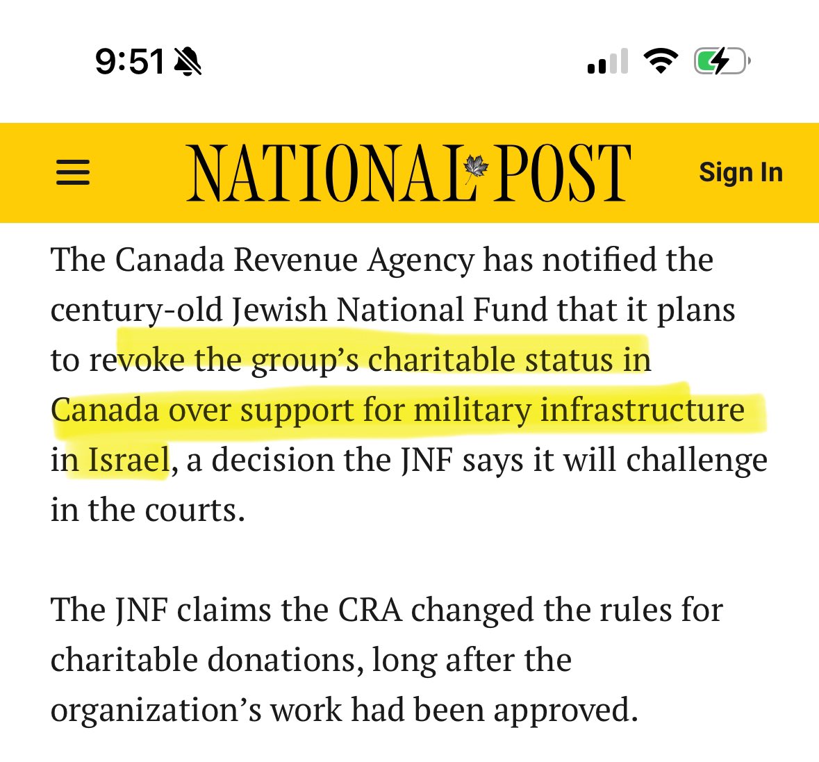 SanaSaeed's tweet photo. This is significant - the Canadian Revenue Agency just revoked the Jewish National Fund’s charitable status for supporting the IDF. 

The JNF is the single-largest landowner (13%) in Israel via theft & does not allow non-Jews to live on land it owns.

Up to 25% of JNF Canada’s budget comes from Canadian taxpayer money vis tax credits. 

JNF has planted millions of trees across ethnically cleansed/stolen Palestinian land to ensure Palestinians can’t return - same JNF campaign Harris bragged about doing at AIPAC in 2017.
