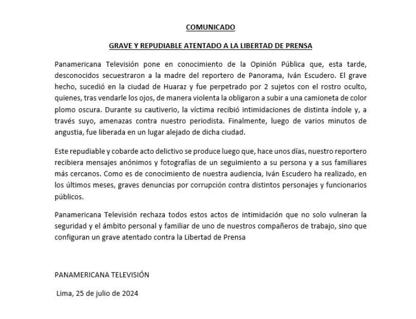 Latina_Noticias's tweet photo. #AHORA 🔴 Desde Latina Noticas rechazamos cualquier acto de amedrentamiento e intimidación contra un periodista que ejerce libremente su profesión. Nos solidarizamos con Iván Escudero y @PanamericanaTV https://t.co/vYuYoN8CpP