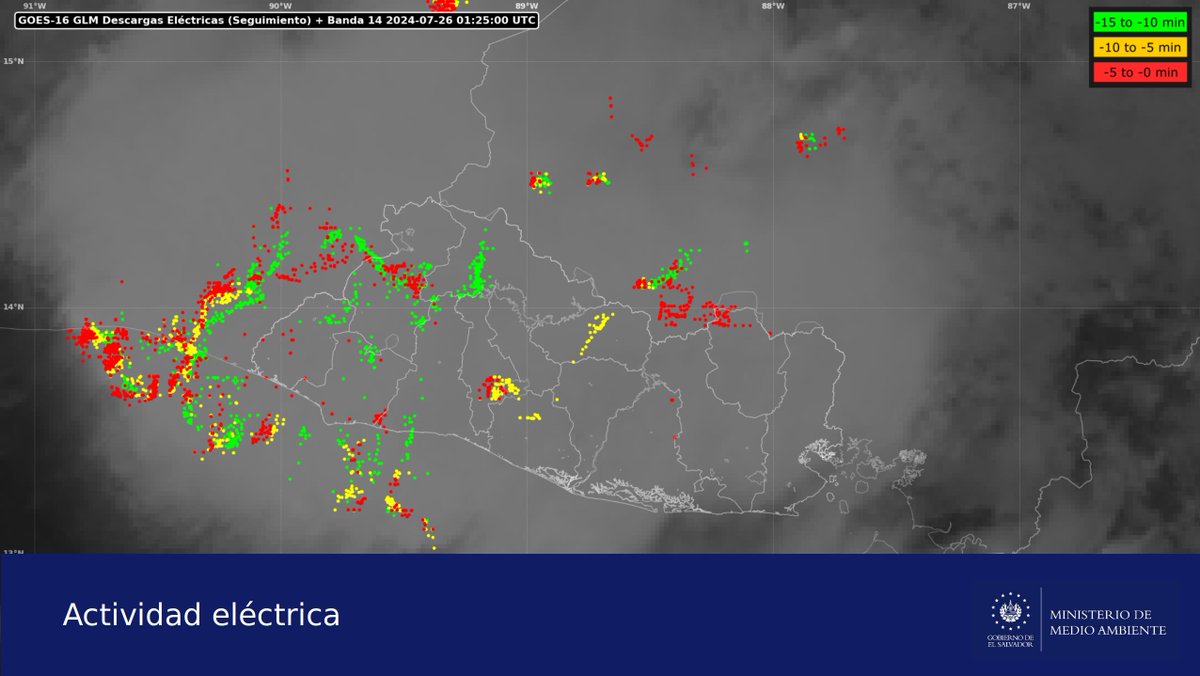 tcsnoticias's tweet photo. #TCNS | A esta hora de la noche, el Ministerio de Medio Ambiente registra actividad eléctrica asociada a las lluvias y tormentas en el país.
Las precipitaciones más intensas se registran en la zona central.
Vía: MARN #ClimaSV https://t.co/NKjPNNPIBY