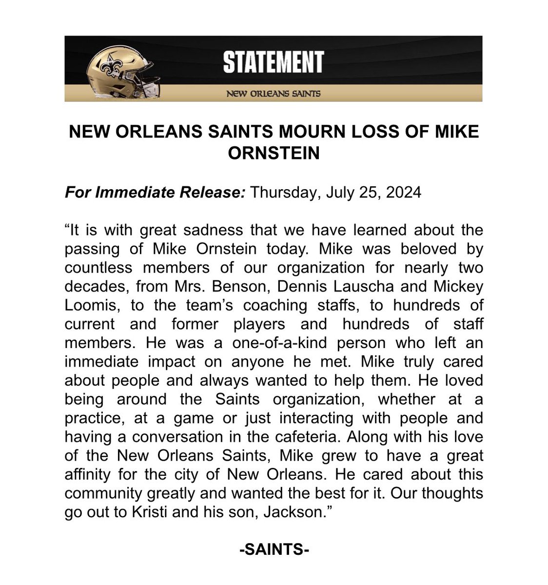 Saints's tweet photo. RIP Orny 🙏 https://t.co/8rdYW8dr4O