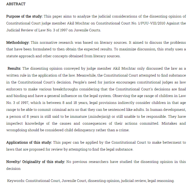 Jurisprudence_e's tweet photo. Haq, Hilman Syahrial, dkk. “Legal Reasoning of a Judge’s Dissenting Opinion in the Decision of the Constitutional Court No. 1/PUU-VIII/2010 Against the Judicial Review of #Law No. 3 of 1997 on Juvenile Courts.” Jurnal #Jurisprudence, 2022, hlm. 250–64. https://t.co/yhv7xgvwSG. https://t.co/xGZ9J5bLgw