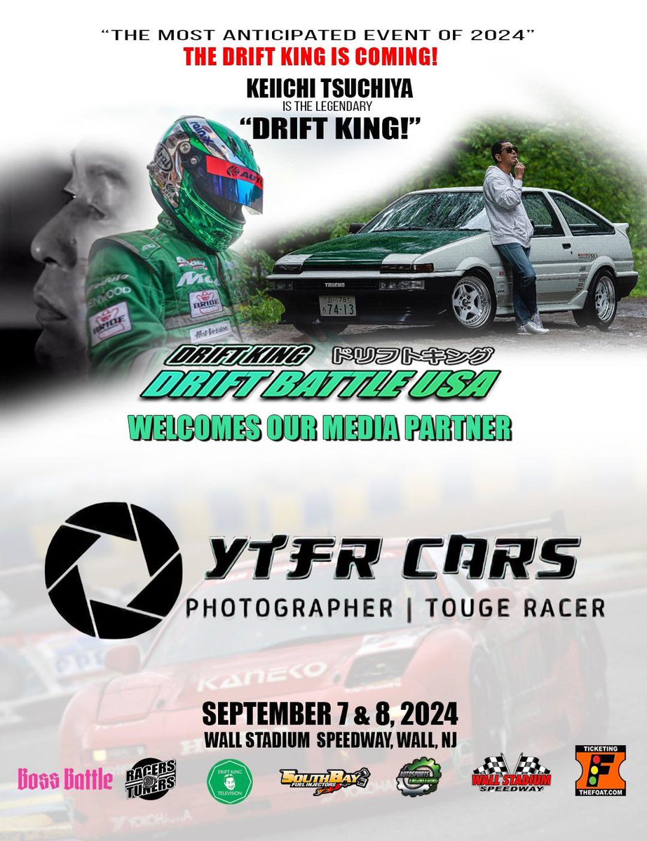 ytfrcars's tweet photo. It's an honor to announce that I'll be a Media Partner for Drift Battle USA!!!

So many people to thank for this!

Boss Battle Jeff, Racers and Tuners, thank you guys for throwing this event🙌🏾 a great tribute to Keiichi Tsuchiya!!
#driftbattleusa #ytfrcars #driftking https://t.co/BOeCwJIrhO