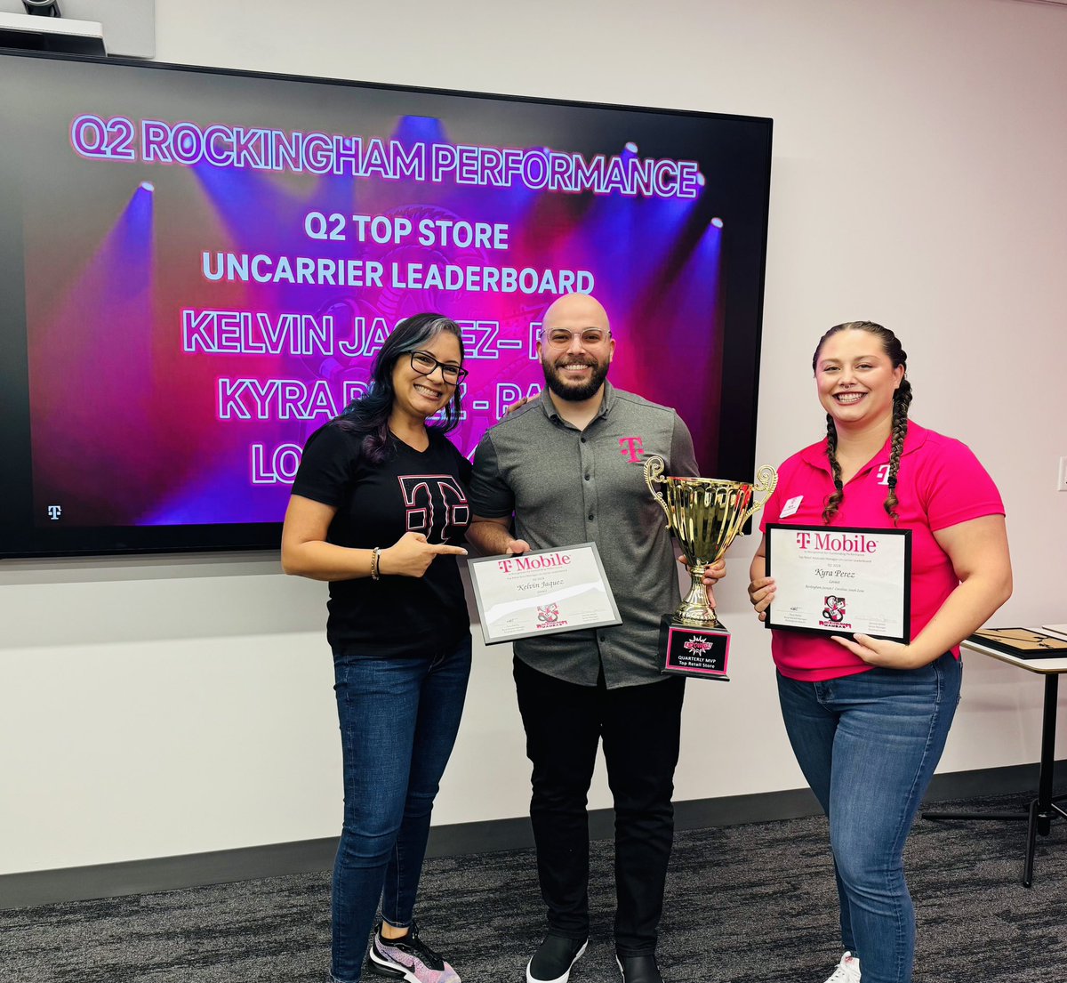 TiNaDeTre's tweet photo. Q2 QBR meeting highlights: @JaQuezTMO @KyraPTMO #1 store in the section & #KAPOWEEENATION for Q2! @ashleyb357 racked up all 3 RAM AORs. @AntRuiz94 was recognized for VIA “Create Happy Customers” by our director @ChappyCLT & it was @JaQuezTMO birthday! What a jam packed day!!! https://t.co/byz8AQeYHA