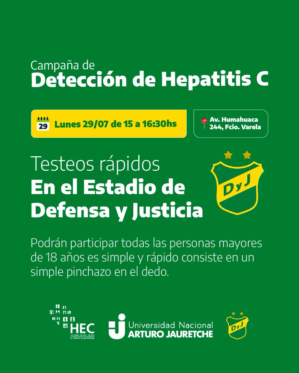 PlanetaDefensa's tweet photo. #DefensaSolidario | CAMPAÑA DE DETECCIÓN DE HEPATITIS C

En el marco del Día Mundial de la Hepatitis Virales,  DEFENSA Y JUSTICIA y El Hospital El Cruce desarrollarán una Campaña de Detección de Hepatitis Virales, el lunes 29 de julio de 15 a 17 horas, en la entrada del estadio. https://t.co/t6EJt6vHYQ