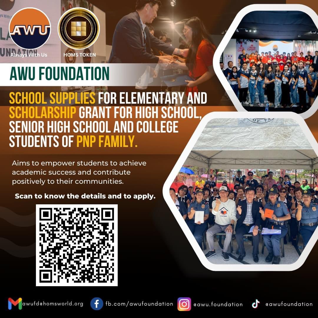 AWU_Foundation's tweet image. SCHOLARSHIP

Who can apply?
- Children of PNP who have been involved in or affected by accidents, leading to significant physical, emotional, impact while on service.
 - With Children with Disabilities (PWD)
 - Children of Single Parents (PNP)

#AWUFoundation #HOMSToken