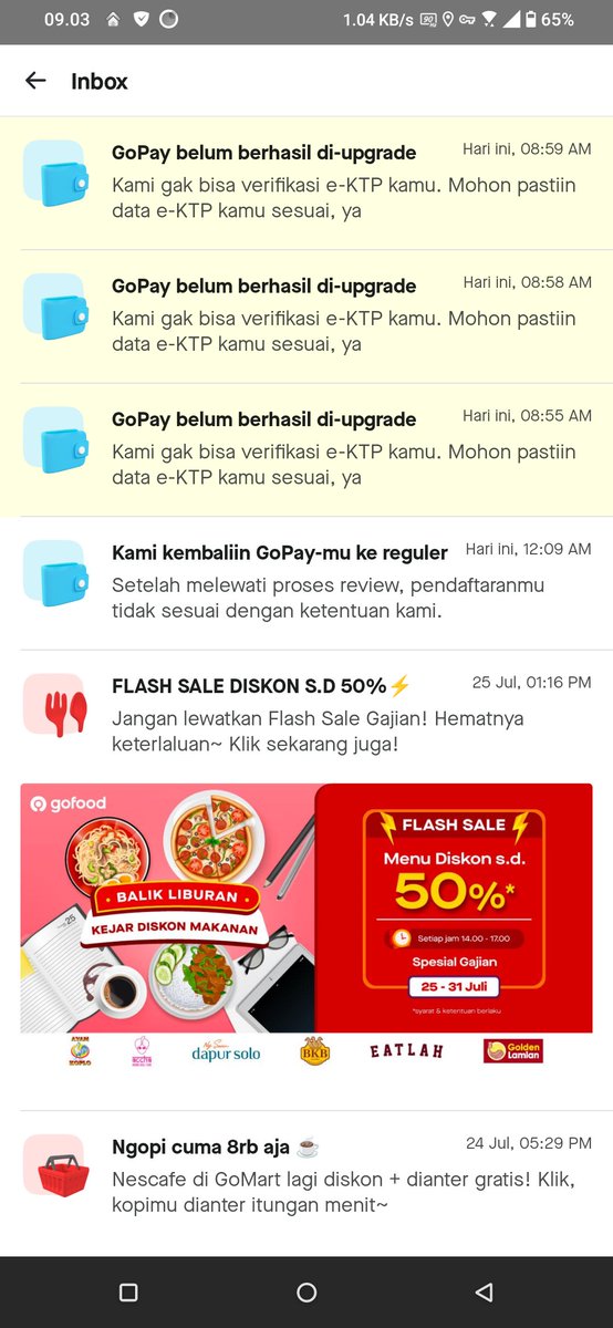 sendy7_'s tweet photo. @gojekindonesia @gopayindonesia halo. mau tanya. ini saya di suruh nunggu 1x24jam atau saya sudah gagal ??  gagal gagal terus ini mata nya yang ngecek perlu di cek nih. atau gimana ? biar berhasil. makasi. https://t.co/Hn349z5c9f
