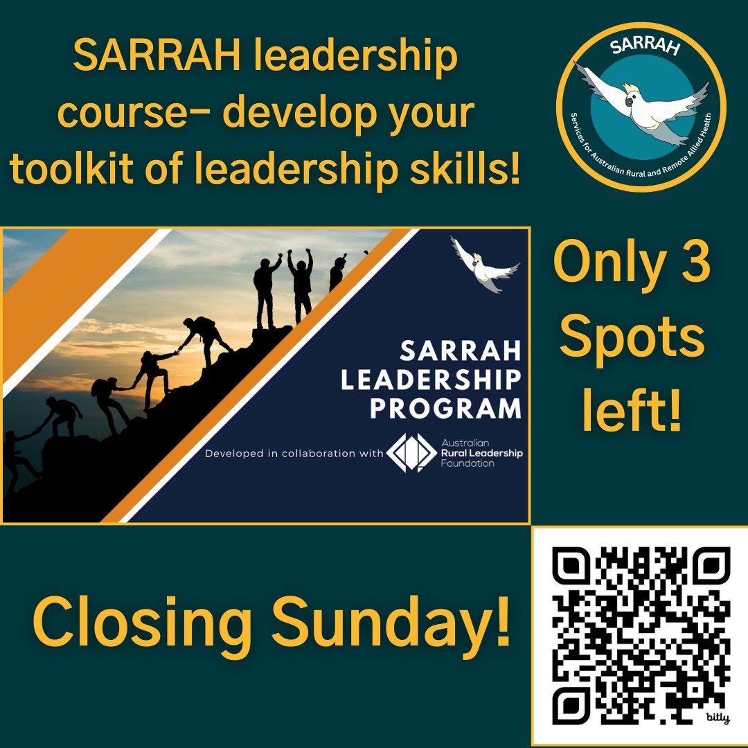 SARRAHealth's tweet image. It's not to late to enroll in the SARRAH Leadership course- 3 spots left!
sarrah.au/sarrahleadersh…
#leadership #leadershipcourse