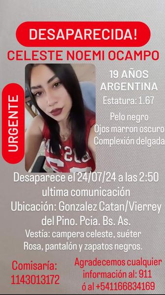 desaparecidaorg's tweet photo. #URGENTE BÚSQUEDA EN TIEMPO REAL #LAMATANZA 🆘MÁXIMA DIFUSIÓN🙏
Celeste Noemí Ocampo tiene 19 años, desapareció el 24/7 en González Catán, La Matanza, Buenos Aires. Es delgada, altura 1,67. Vestía suéter rosa, pantalón y zapatos negros. Avisar al☎️1143013172, 116834169 o 911 https://t.co/Hfll78fhg4