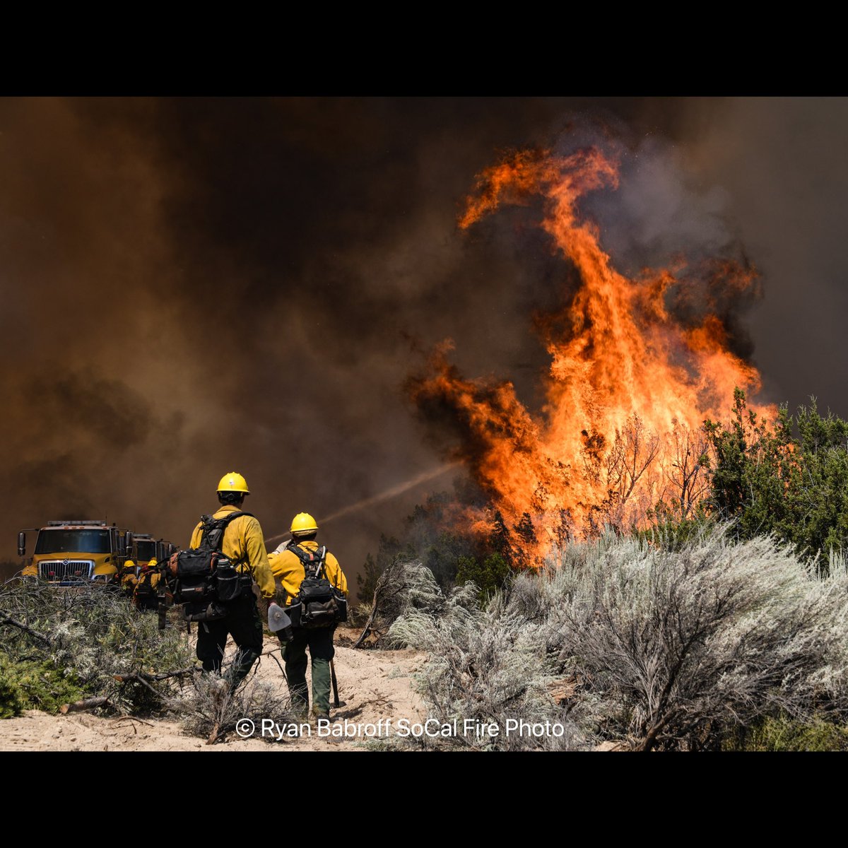 SoCalFirePhoto's tweet photo. More images from the #ApacheFire in the @LosPadresNF and @VCFD jurisdiction. Monsoon conditions lead to extremely high temperatures and strong winds in the Hwy 33 corridor that pushed the fire into Apache Canyon. The fire is looking much better. Lots of line to be constructed. https://t.co/g9vUHPZjnX