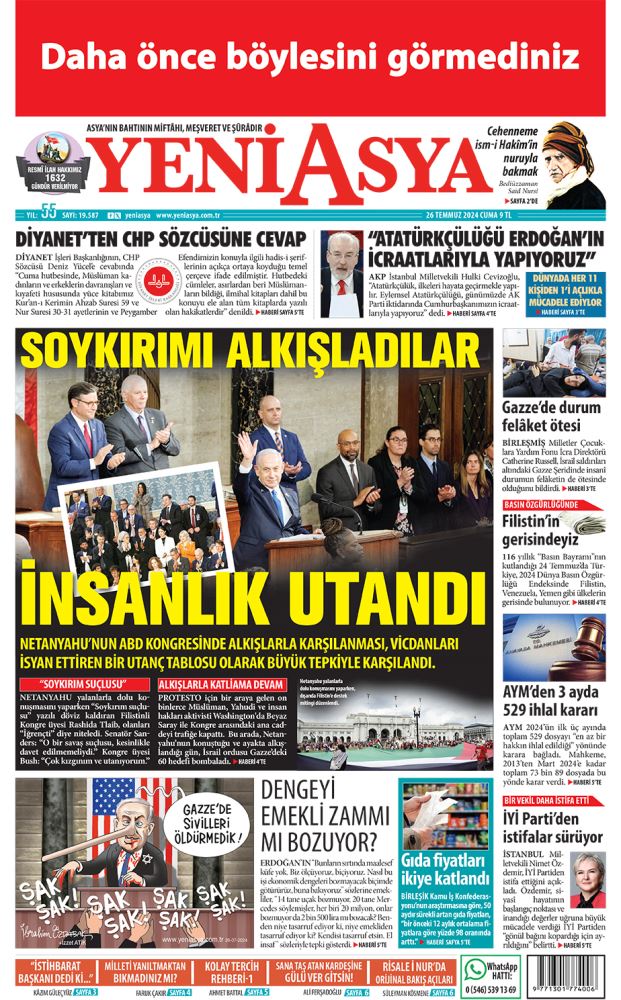 gulecyuzk's tweet photo. 26 Temmuz 2024 tarihli Yeni Asya'nın 1. sayfası https://t.co/AlXWy394Li