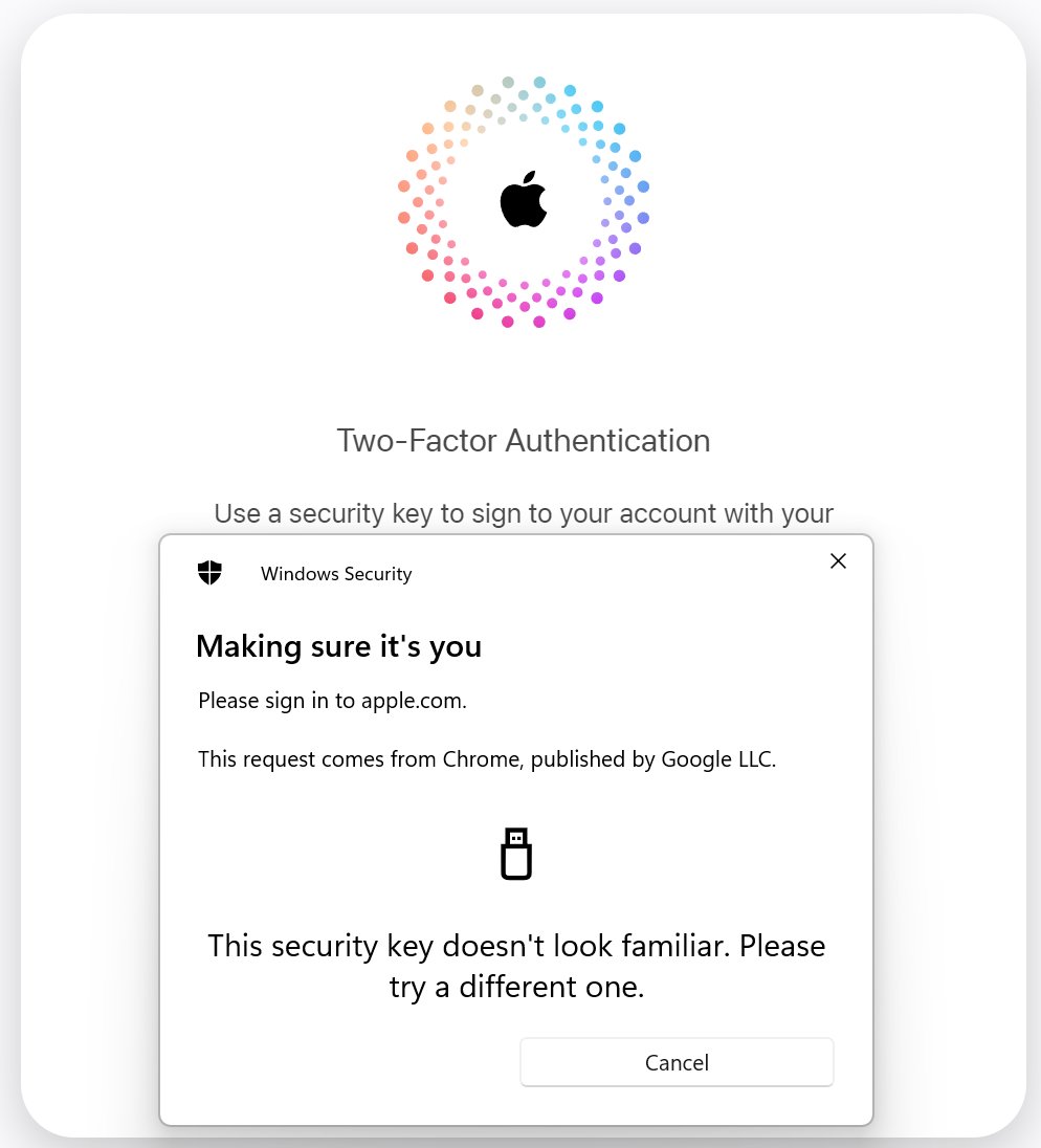 HallyTesla's tweet photo. @Apple 

Why don't you support @Windows when adding a security key? 

I have five @Yubico Keys, three are NFC and two are not, I now need a Mac to enable them on my account or 27 adapters https://t.co/GG0ij8jazW