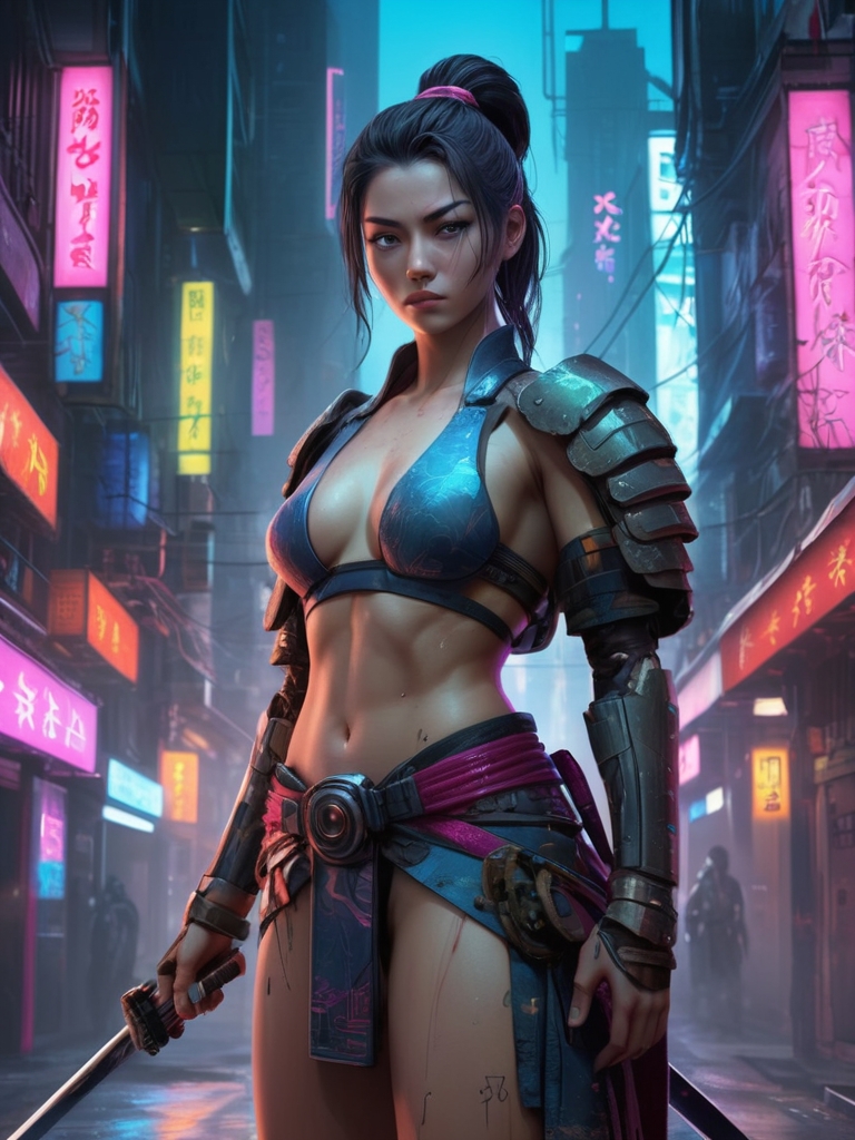 UrbanArtistryCo's tweet photo. Neon lights, ancient soul. Meet the cyberpunk samurai. ⚔️ #cyberpunk #samurai #digitalart #art #warriorwoman #strongfemaleprotagonist https://t.co/a2wPVdn01s
