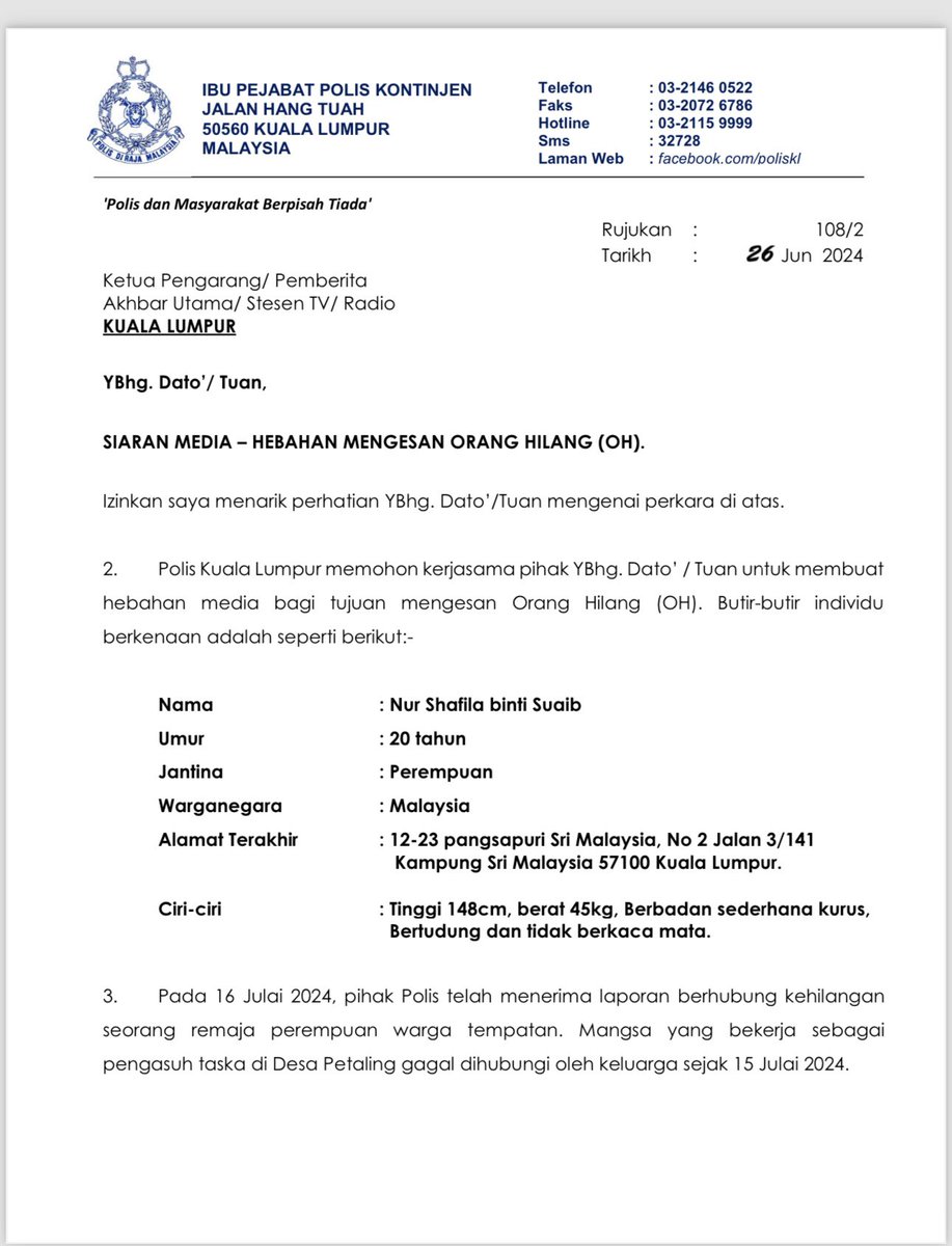 Pada 16 Julai 2024, Polis menerima laporan kehilangan seorang wanita warga tempatan. 

Mangsa yang bekerja sebagai
pengasuh taska di Desa Petaling gagal dihubungi oleh keluarga sejak 15 Julai 2024