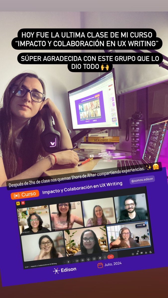 Valuxwriter's tweet image. Agotada, feliz, súper agradecida 
Así culminó mi primer curso en vivo con 4 clases + 1 After 

“Impacto y colaboración en UX Writing” 
Un curso diseñado para Ux Writers que trabajo en solitario 

#ux #uxwriter #uxcontent #uxwriting