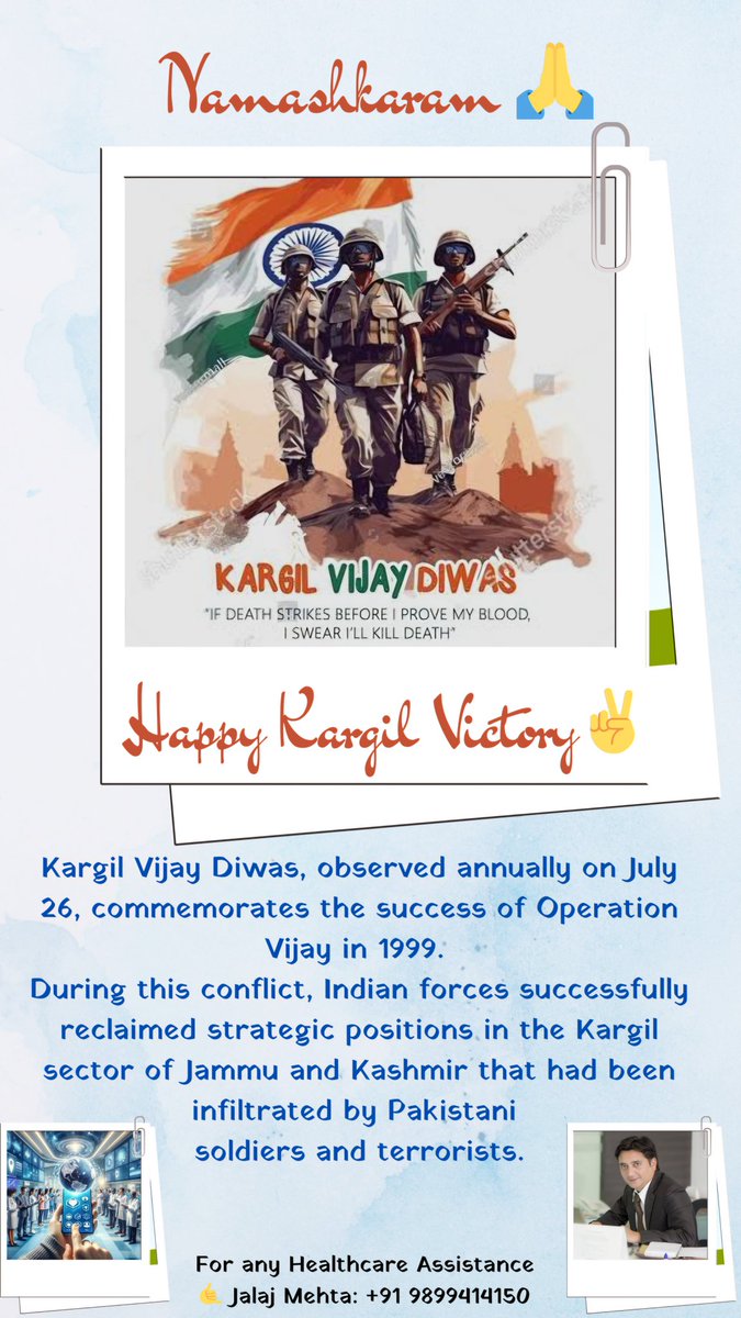 Kargil Vijay Diwas, observed annually on July 26, commemorates the success of Operation Vijay in 1999. During this conflict, Indian forces successfully reclaimed strategic positions in the Kargil sector of J&amp;K that had been infiltrated by Pakistani soldiers &amp;terrorists.
