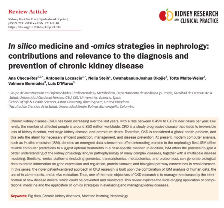 luisgerardodg's tweet image. Otra publicación con nuestros alumnos del proyecto snowball #CEU sobre medicina #insilico y #omics en #nefrología sin duda, el presente y futuro de la medicina @CienciaUCHCEU @prensaUCHCEU @SENefrologia @ERAkidney @ISNkidneycare @jorgericof 
Free 👉 krcp-ksn.org/m/journal/view…