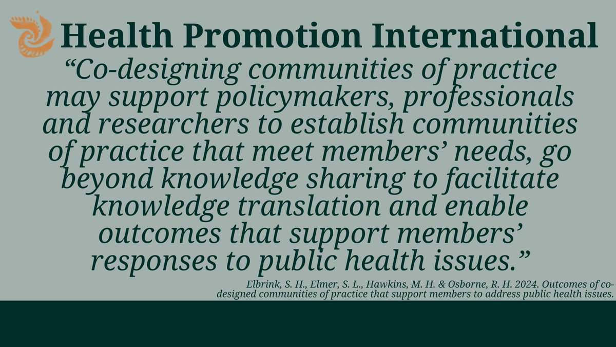 Health Promotion International (OUP) (@healthpromint) on Twitter photo 🔔NEW at Health Promotion International
"This study shows that knowledge shared within and subsequently translated outside communities of practice supports members in addressing public health issues."
Read doi.org/10.1093/heapro… <a href="/sanneelbrink/">Sanne Elbrink</a> <a href="/4MelanieHawkins/">Melanie Hawkins</a> <a href="/RichardOsborne4/">Professor Richard H Osborne</a> 🔔NEW at Health Promotion International
"This study shows that knowledge shared within and subsequently translated outside communities of practice supports members in addressing public health issues."
Read doi.org/10.1093/heapro… <a href="/sanneelbrink/">Sanne Elbrink</a> <a href="/4MelanieHawkins/">Melanie Hawkins</a> <a href="/RichardOsborne4/">Professor Richard H Osborne</a>