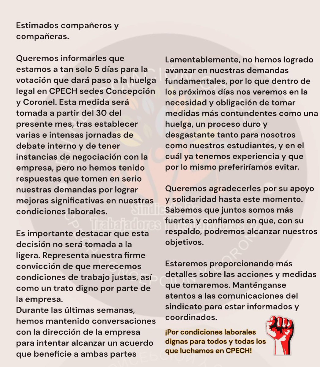 rod_herrera's tweet photo. Sindicato de Preuniversitario #Cpech de las Sedes Concepción y Coronel en Negociación Colectiva 2024. Semanas conversando y siguen esperando una respuesta a la altura.
Están a 5 días de votar la huelga legal, esperando firmes y unid@s evitar la paralización. https://t.co/Djgfaugr2P