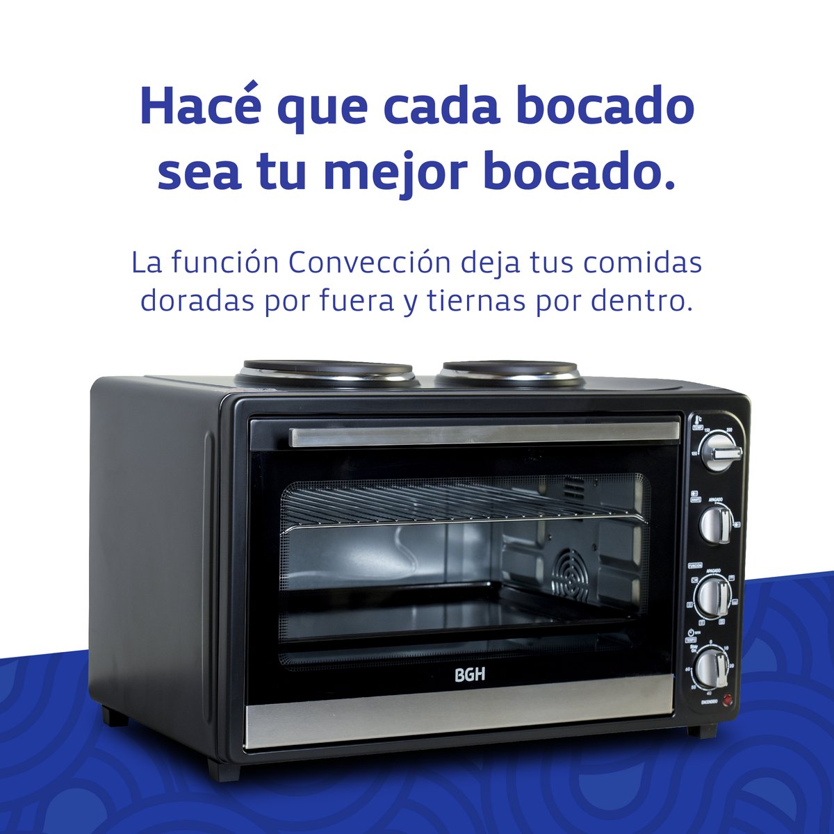 Hacé que cada bocado sea tu mejor bocado.
La función Convección deja tus comidas doradas por fuera y tiernas por dentro.  

#BGH #TuBGH #HornoBGH