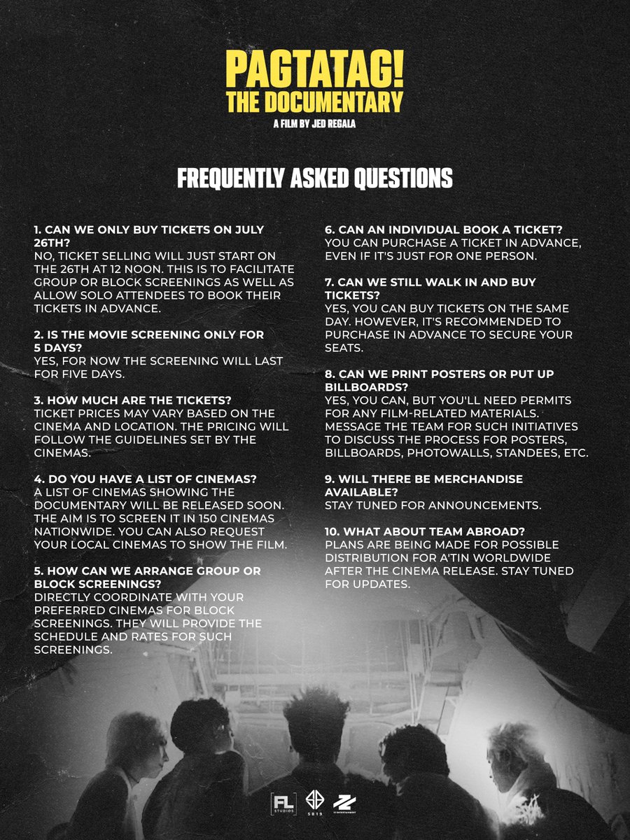 SB19Official's tweet photo. ⚠️ PAGTATAG! THE DOCUMENTARY

The ticket sales start in just 1 hour! To help you prepare, here are some frequently asked questions.

Don’t miss out! See you there, A'TIN!

#SB19 #PAGTATAG #SB19PAGTATAG #PAGTATAGTheDocumentary https://t.co/6H8jMdLnfO