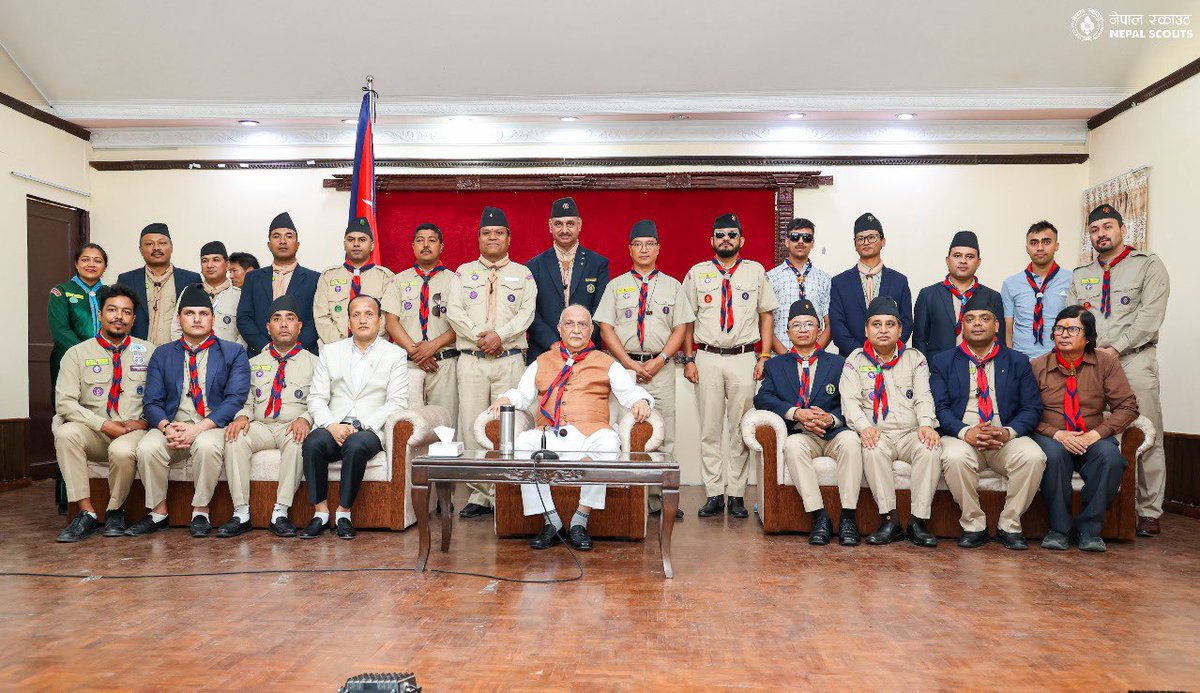 GhimireDev's tweet photo. Pleasure meeting with patron of Nepal Scouts  Right Honorable Prime Minister Mr. @kpsharmaoli along with the National Executive Committee, Commissioners, National Council Members and Local Association’s Commissioners at the residence of Prime Minister. https://t.co/xB1uDYeQ1C