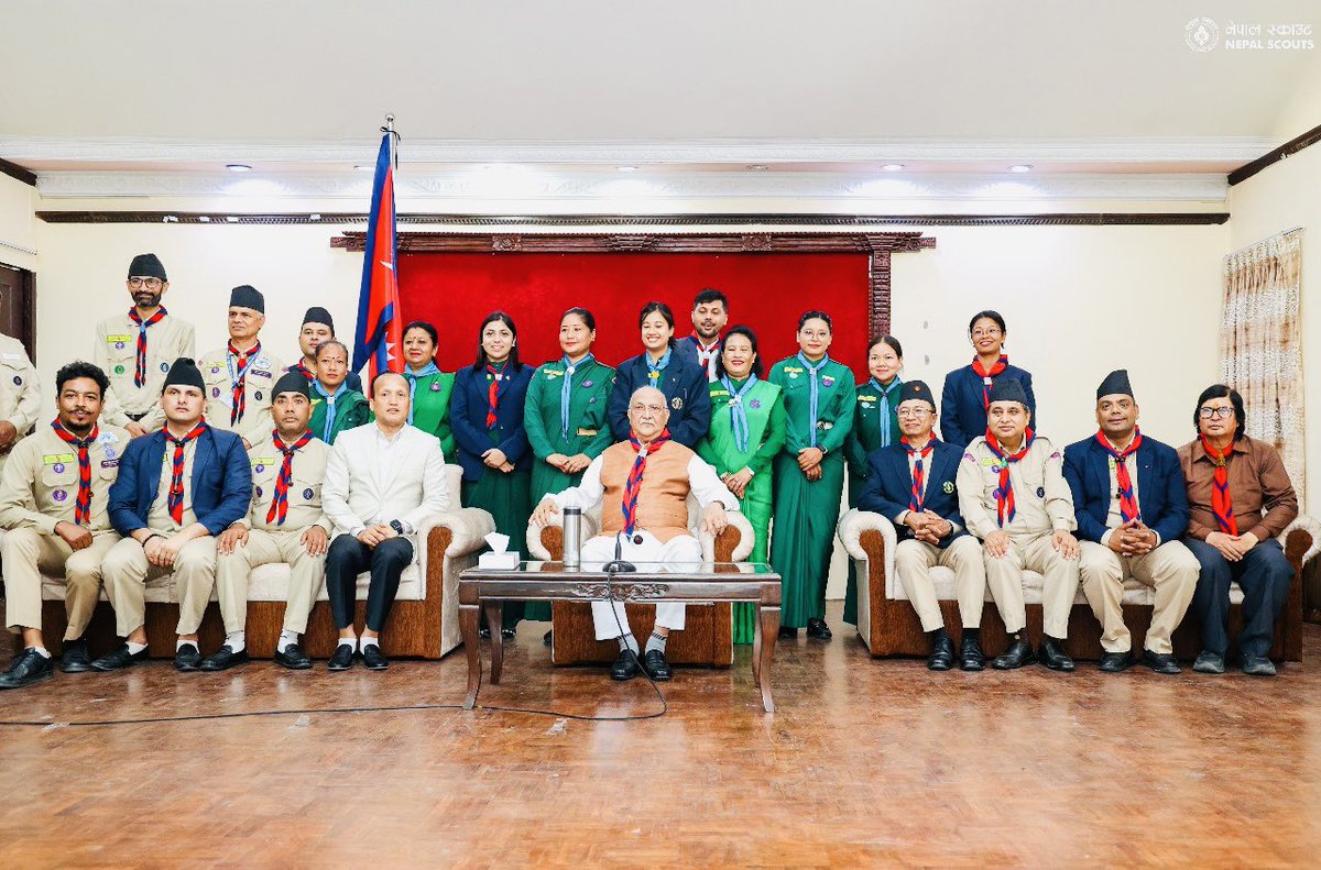 GhimireDev's tweet photo. Pleasure meeting with patron of Nepal Scouts  Right Honorable Prime Minister Mr. @kpsharmaoli along with the National Executive Committee, Commissioners, National Council Members and Local Association’s Commissioners at the residence of Prime Minister. https://t.co/xB1uDYeQ1C