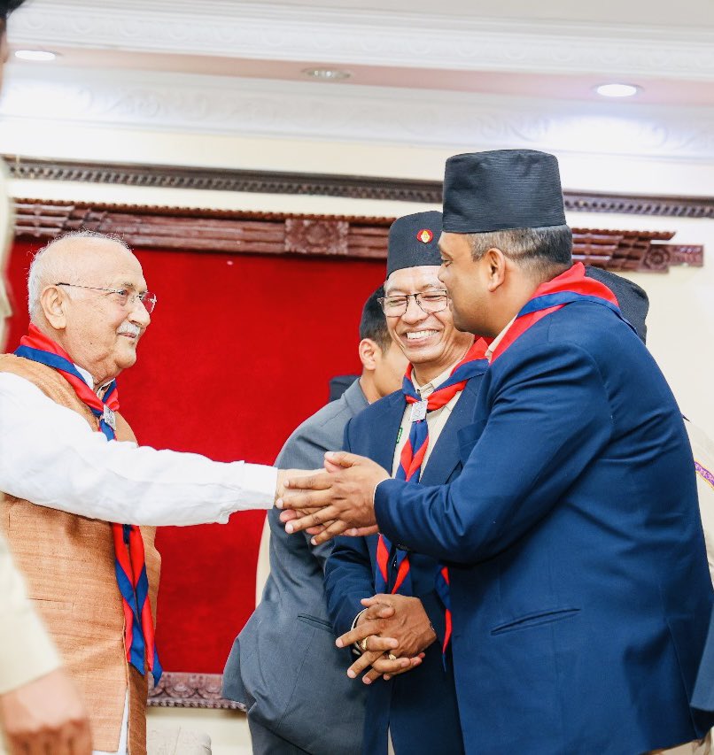 GhimireDev's tweet photo. Pleasure meeting with patron of Nepal Scouts  Right Honorable Prime Minister Mr. @kpsharmaoli along with the National Executive Committee, Commissioners, National Council Members and Local Association’s Commissioners at the residence of Prime Minister. https://t.co/xB1uDYeQ1C