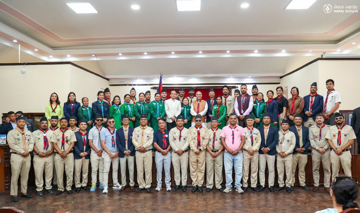 GhimireDev's tweet photo. Pleasure meeting with patron of Nepal Scouts  Right Honorable Prime Minister Mr. @kpsharmaoli along with the National Executive Committee, Commissioners, National Council Members and Local Association’s Commissioners at the residence of Prime Minister. https://t.co/xB1uDYeQ1C