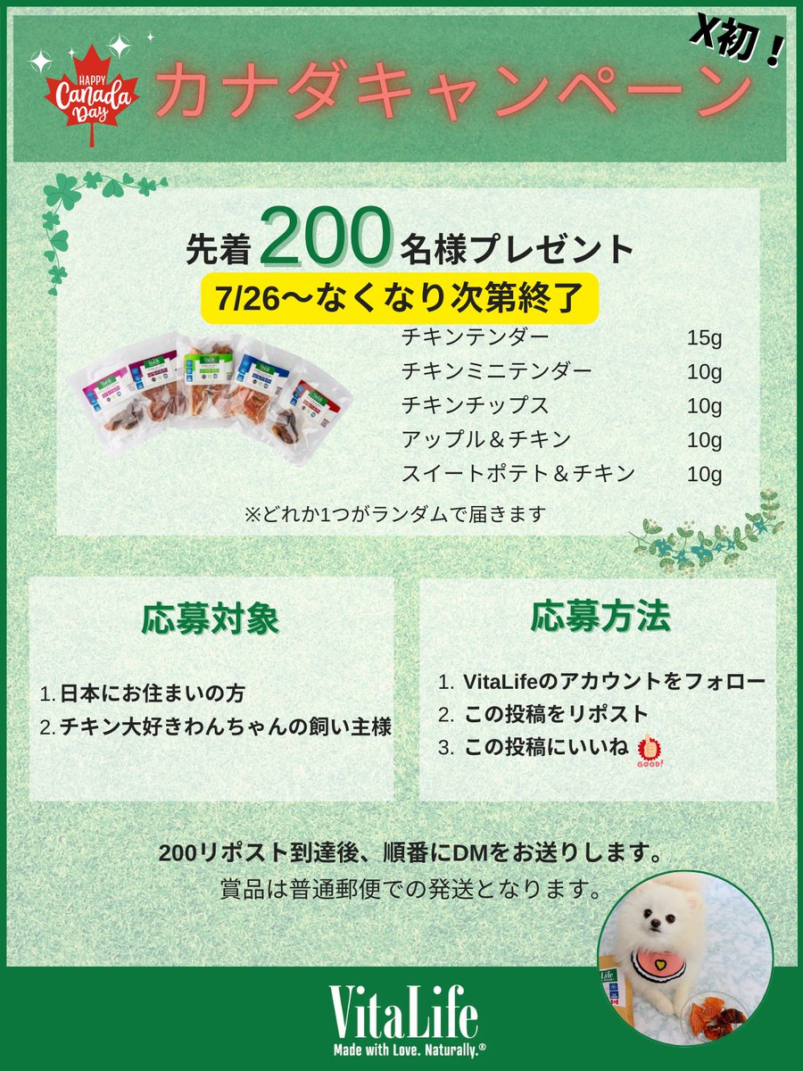 ／
🍁X初✨VitaLifeキャンペーン🍁
ドーンと！先着200名様にプレゼント✨
＼

VitaLifeお試しパックミニからランダムで1つプレゼント！

【応募方法】
1.VitaLifeのアカウントをフォロー
2.この投稿をリポスト
3.この投稿にいいね

#キャンペーン #プレゼント #犬好きさんと繋がりたい #犬のいる生活