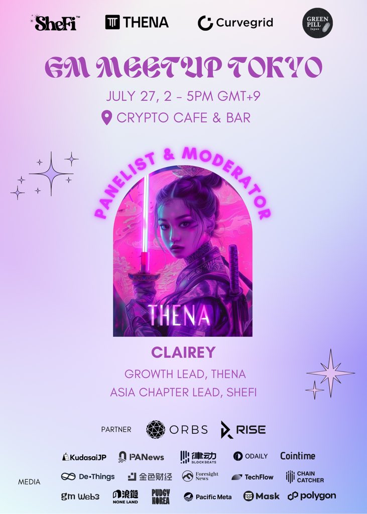 clairelyai's tweet photo. After the amazing GM Meetup in Vietnam, I’m so excited to announce that we’re hosting GM Meetup Japan tmr in Tokyo at @EDCON2024 🎉

From Taiwan to Hong Kong to Vietnam, it’s been such a rewarding journey, and I’m thrilled to bring this energy to Tokyo.

Can’t wait to hear from our awesome speakers from @ThenaFi_, @shefiorg @Orbs_Network, @kudasai_official, @Pacific_Meta, @masknetwork, @pudgypenguins, and @0xPolygon.

📅 July 27th, 14:00 - 17:00
📍 Crypto Café & Bar, Tokyo

Join us for inspiring talks, great panels, and fantastic networking. Let’s keep empowering women in blockchain and tech!

Looking forward to seeing you all there! 💜