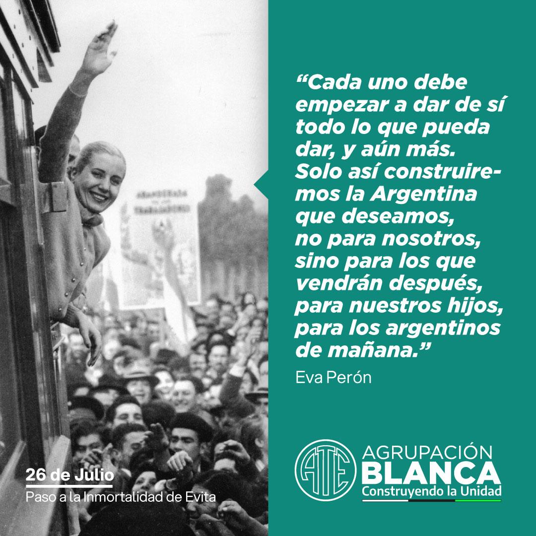 agrupblanca_ate's tweet photo. Este 26 de julio y cada día recordamos a nuestra Evita, la abanderada de lxs humildes y lxs trabajadorxs.

#EvitaEterna 
#ConstruyendoLaUnidad 
#AgrupaciónBlancaATE 
#ATE https://t.co/G3xWmmqKEp