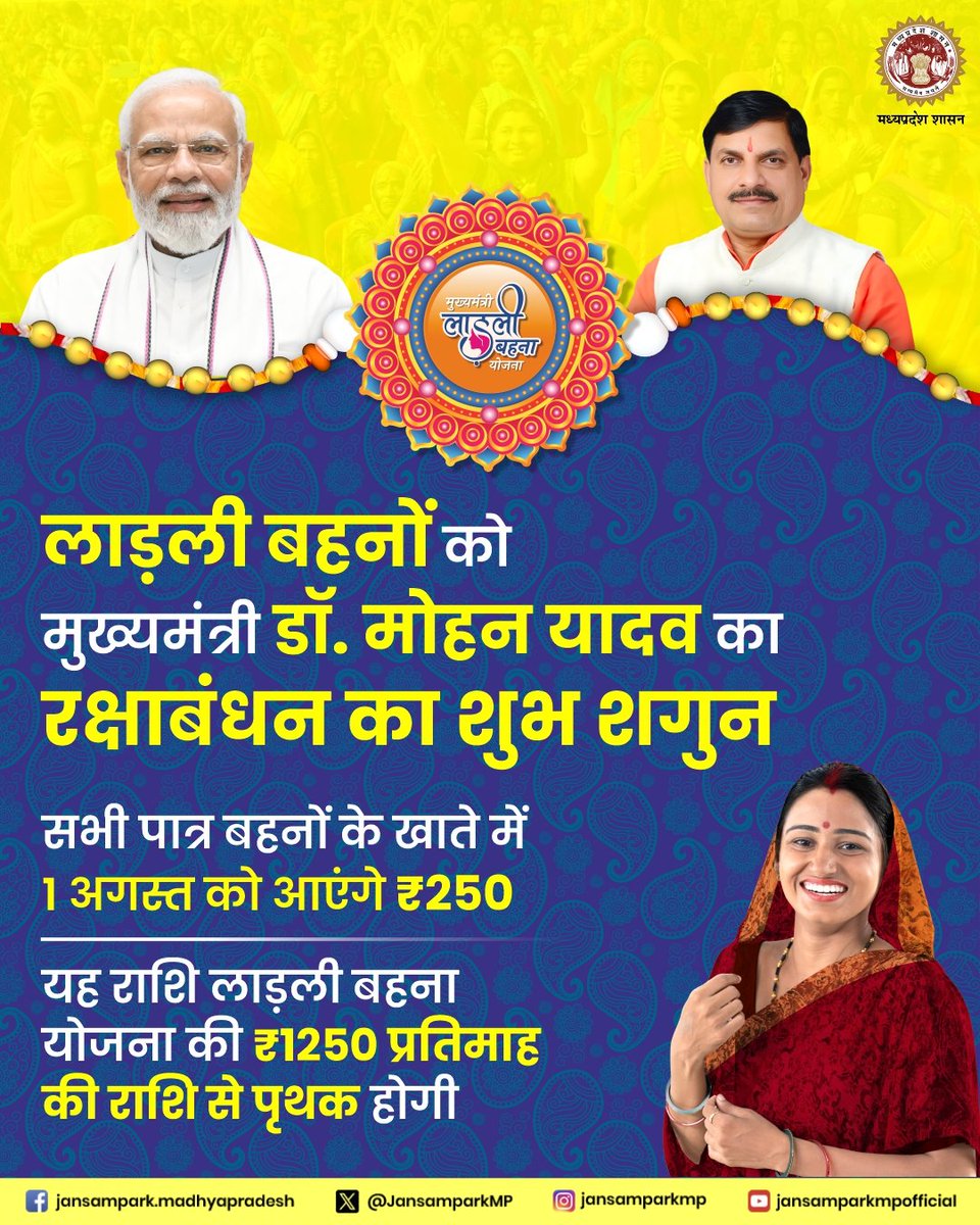 JansamparkMP's tweet photo. मुख्यमंत्री डॉ. मोहन यादव का
लाड़ली बहनों को रक्षाबंधन का शुभ शगुन 

🔶सभी पात्र बहनों के खाते में 1 अगस्त को आएंगे  ₹250

@DrMohanYadav51
@CMMadhyaPradesh
#लाड़ली_बहना
#JansamparkMP