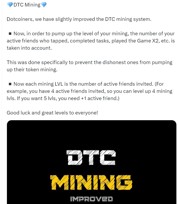 RYadav8177's tweet photo. 🚨🚨DOT Coin Mining 
🚨 Wrong Distribution Planning
 
But the important question here is that the level of the person who does not have active referrals can never increase level. Here the maximum profit will be for those who have maximum referrals. So this criteria is wrong because the level of those who do not have referrals will not be level up. You should change this criteria and remove the referral system from it, only then everyone will be able to get some allocations.

In this distribution system, the maximum profit will go to those who have referrals, so such a system is not right, please change it

👉 Like & Share 
👉 Retweet 

#DTC #dotcoin @thedotcoin #CryptoNews #crypto @ton_blockchain @telegram @durov @tapswapai @hamster_kombat