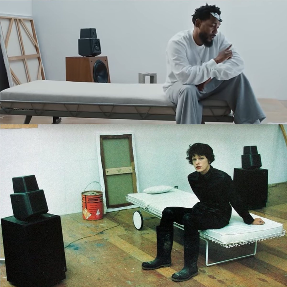 AndresWrites's tweet photo. Fans are discovering that this scene from Kendrick Lamar's "Not Like Us" video was likely inspired by a Juergen Teller photograph of actress Milla Jovovic.
Theyโre pointing to the details: artwork on the ground facing the wall; type of speakers used; the cot; mostly bare walls; the wooden floor.
Fans are also pointing to context: Actor Shawn Andrews reportedly married Jovovic when he was 21 & she was 16 following their work in the film โDazed & Confused.โ