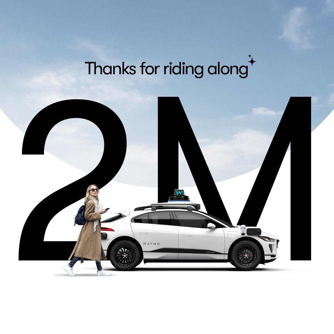 Waymo's tweet photo. Cheers to millions and millions of trips! We’re thrilled to celebrate a huge milestone: over 2 million paid rider-only trips completed. Thanks to your support, Waymo One is reaching new heights as we rewrite the future of transportation. https://t.co/uNmzXmQMcv