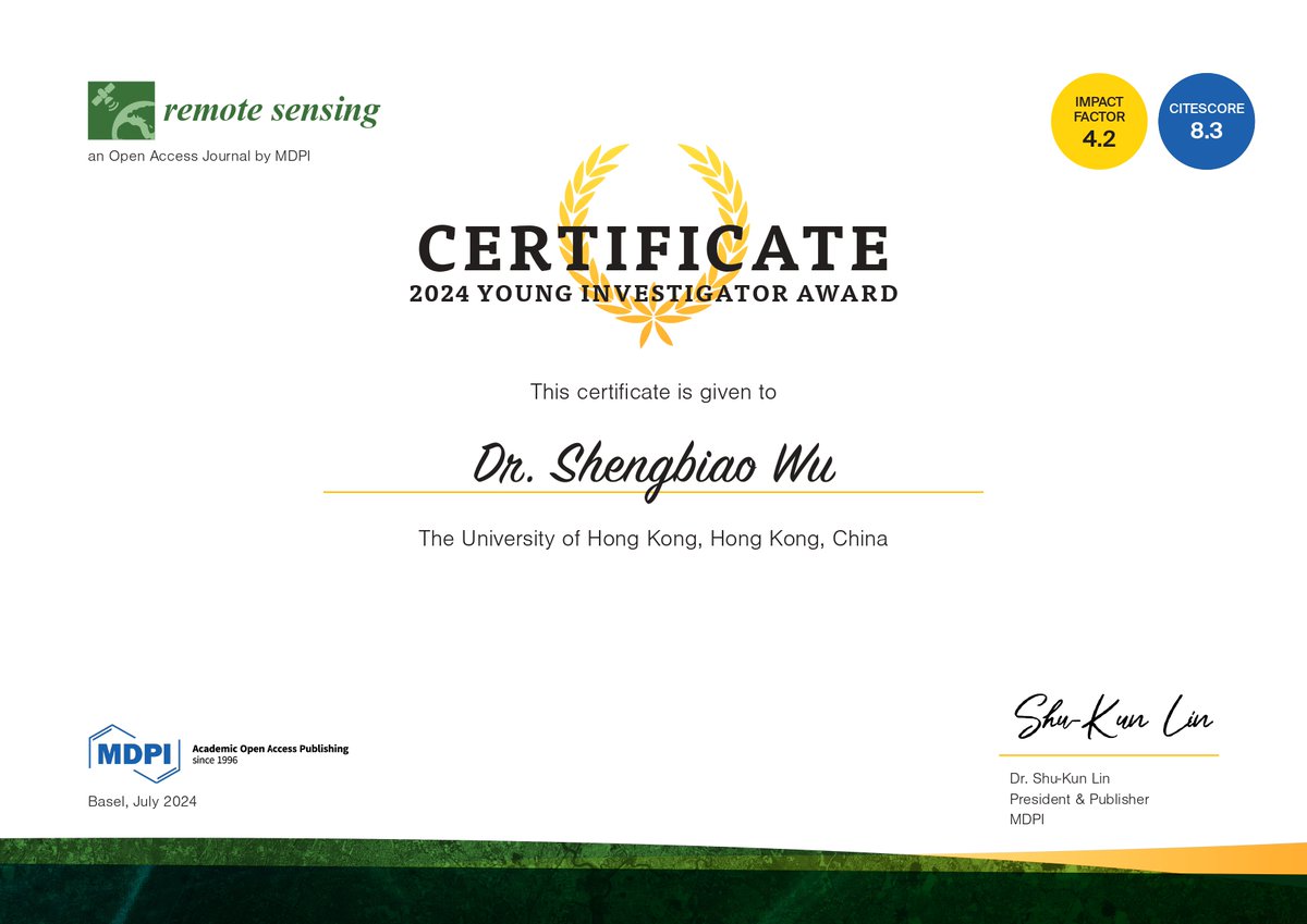 Shengbiao Wu (@wshengbiao) on Twitter photo Honored and excited to receive the Remote Sensing 2024 Young Investigator Award <a href="/RemoteSens_MDPI/">Remote Sensing MDPI</a> . So grateful for colleagues and team's support. Honored and excited to receive the Remote Sensing 2024 Young Investigator Award <a href="/RemoteSens_MDPI/">Remote Sensing MDPI</a> . So grateful for colleagues and team's support.