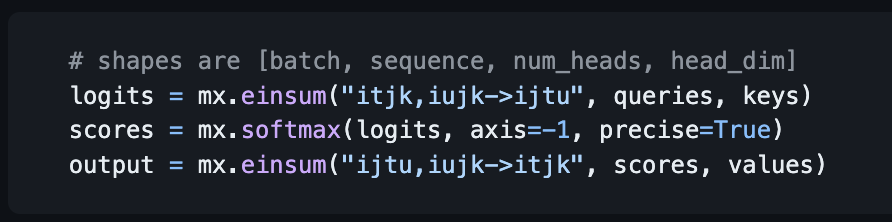 awnihannun's tweet photo. Latest MLX has einsum

pip install -U mlx

Attention in 3 lines: https://t.co/UjJgRkiWZU