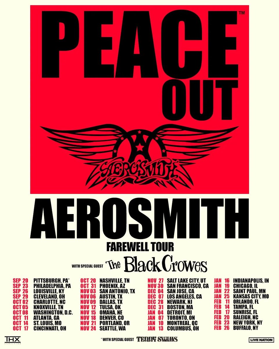 TheeMusicMedium's tweet photo. 🚨🚨 PEACE OUT TOUR 🚨🚨

Featuring:
👤 Aerosmith
👤 The Black Crowes
👤 Teddy Swims

2024/25 US Tour https://t.co/CeLPErAl7R