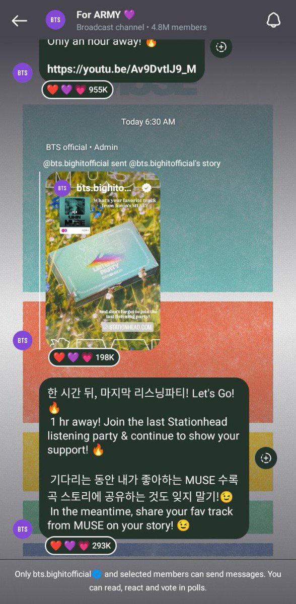 Bts4Updates7's tweet photo. Jimin update by....
BTS4

BTS broadcast channel update 💜

 One hour later, the last listening party! Let's Go!🔥
 1 hour away! Join the last Stationhead listening party &amp; continue to show your support! 🔥
 
#jimin https://t.co/KQM1OWZCTS